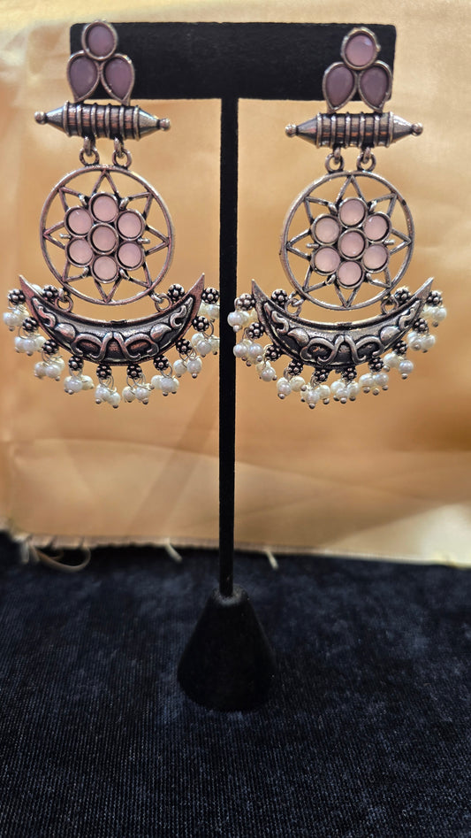 Beautiful Oxidized Pink Colored Long Earrings For Women