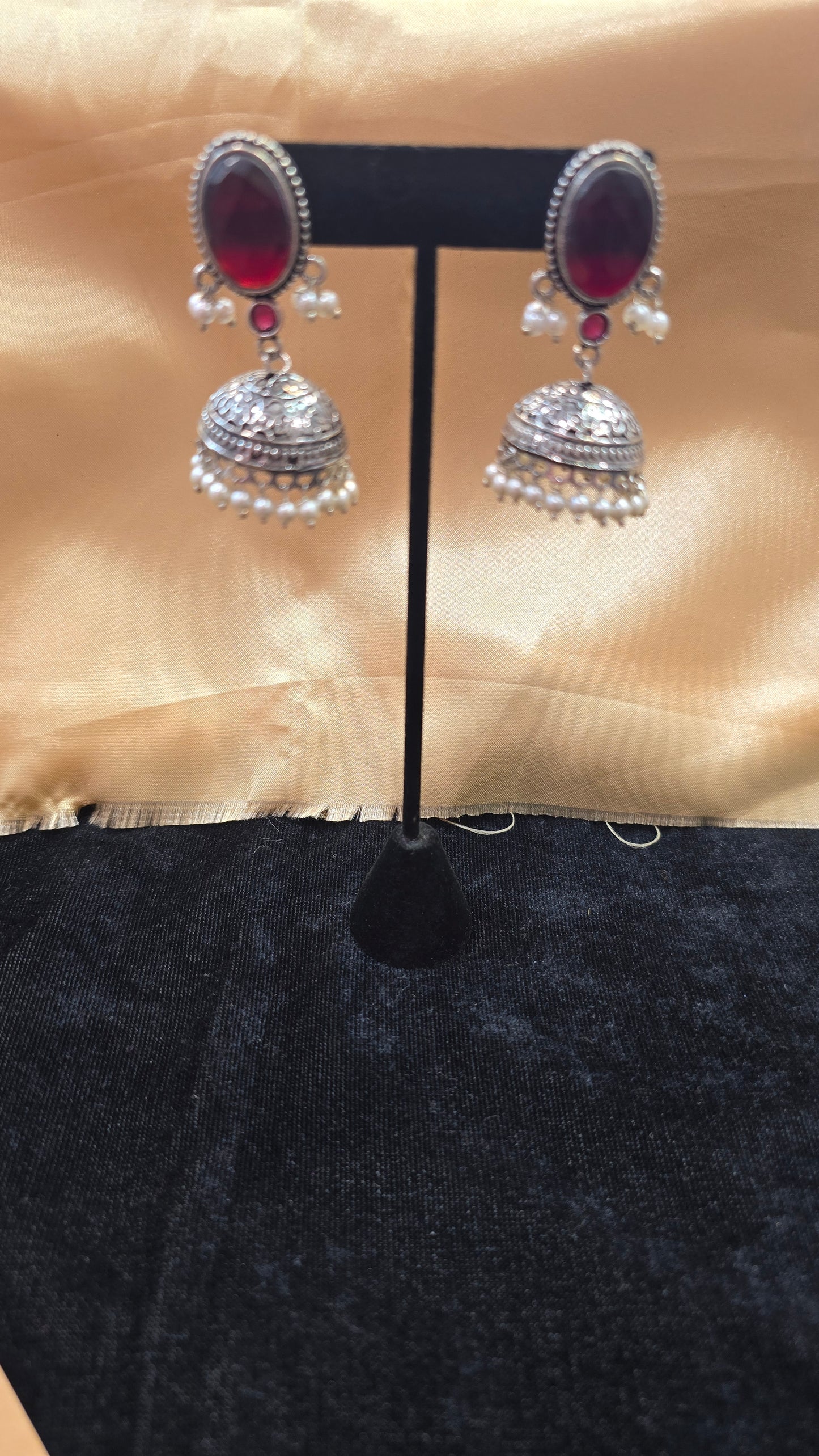 Beautiful Oxidized Maroon Jhumka With White Color Bead Hangings
