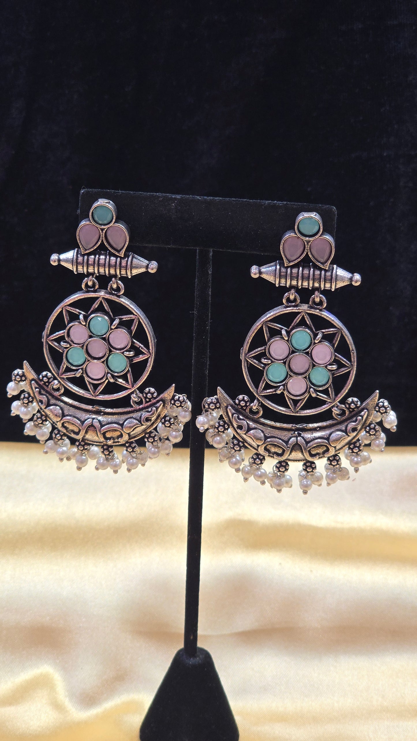 Pretty Crecent Shape With Green And Pink Colored Long Earrings For Women