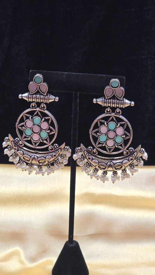 Pretty Crecent Shape With Green And Pink Colored Long Earrings For Women
