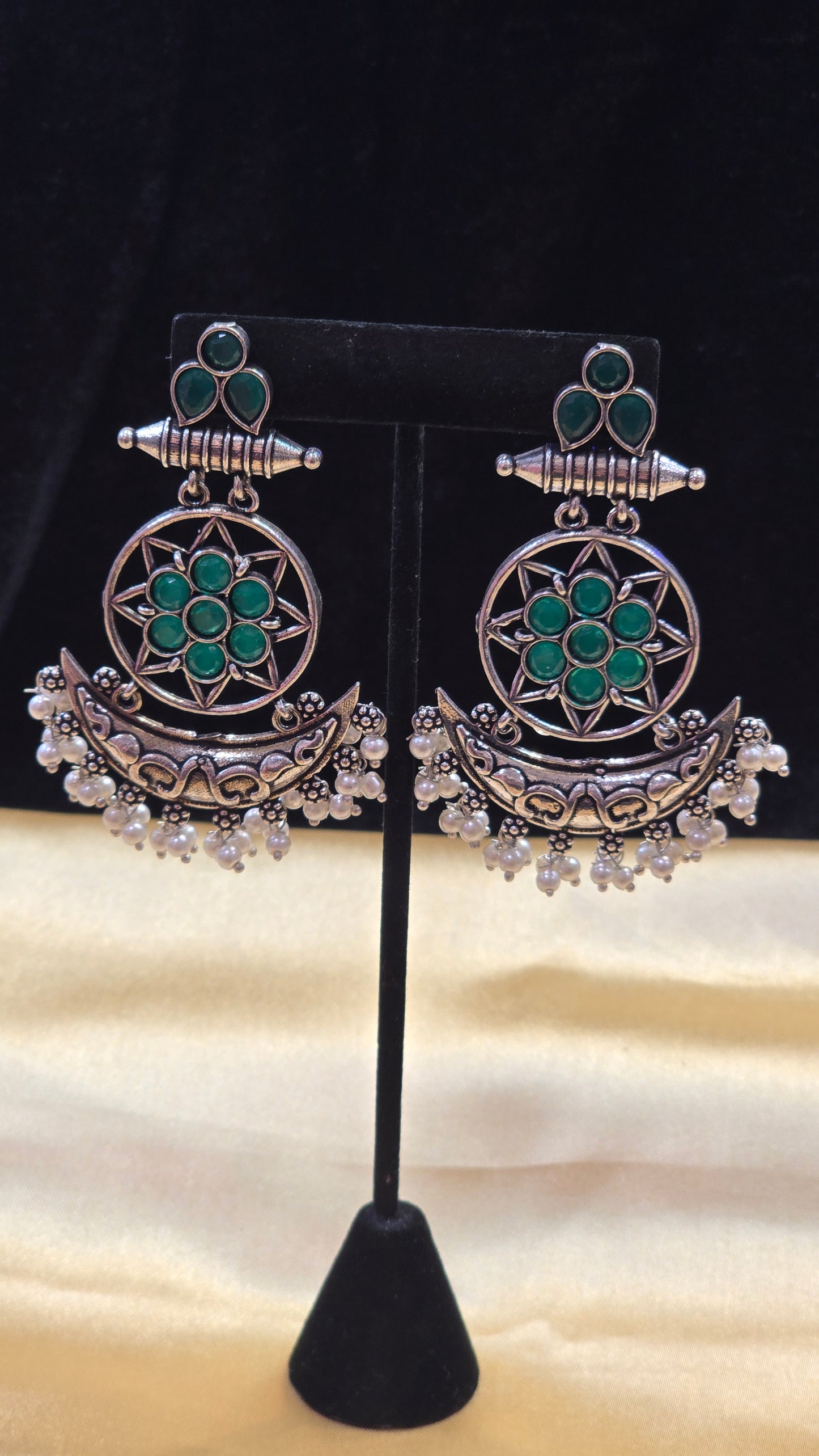 Attractive Crecent Shape With Green Colored Long Earrings For Women