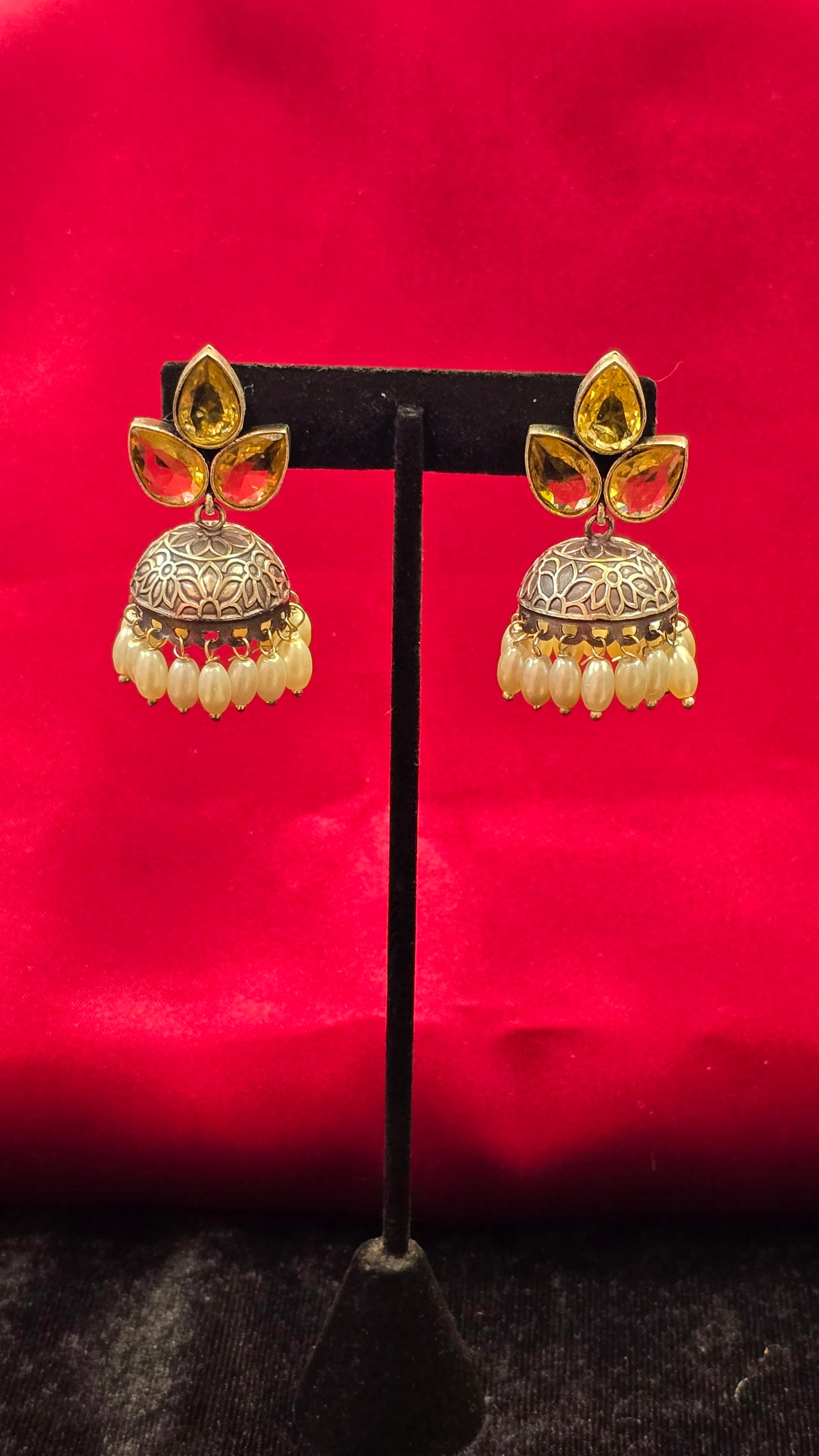 Alluring Yellow Color Stoned Oxidized Jhumkas For Women