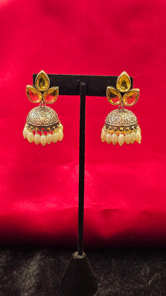 Alluring Yellow Color Stoned Oxidized Jhumkas For Women