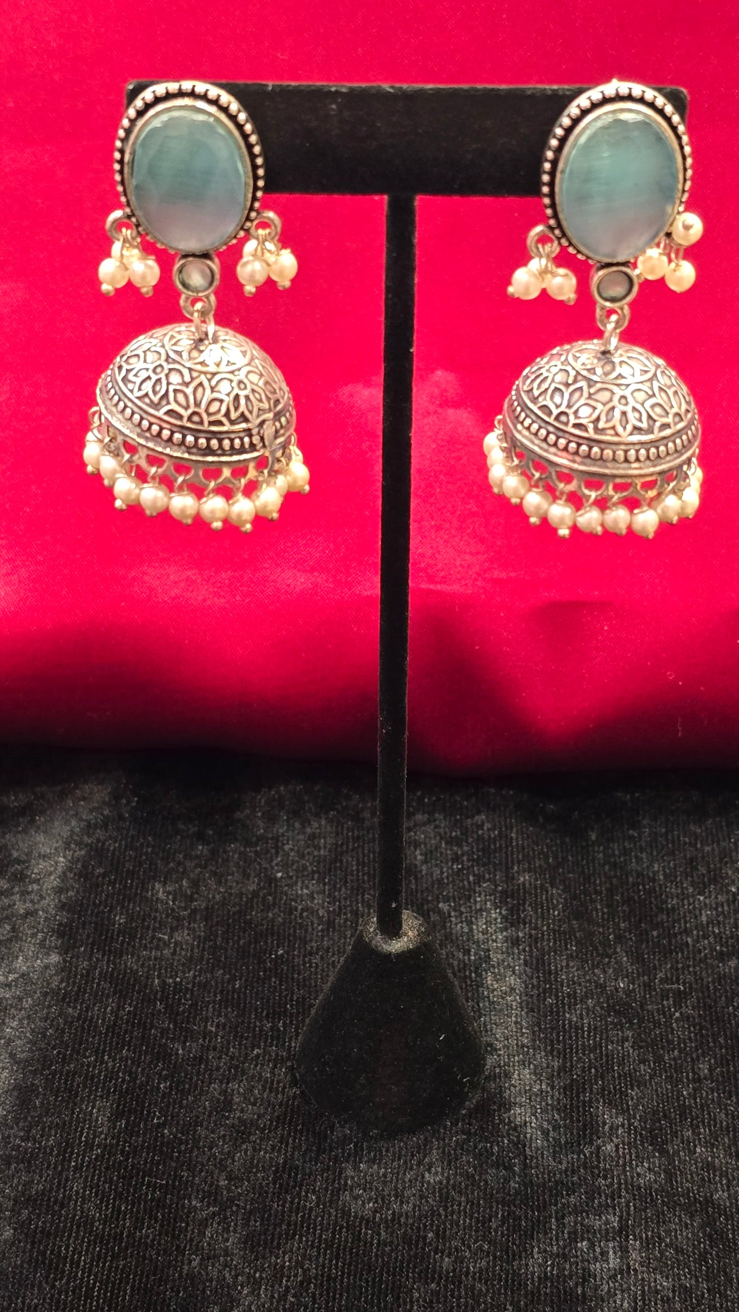 Pretty Light Blue Color And White Beads Jhumkas Near Me