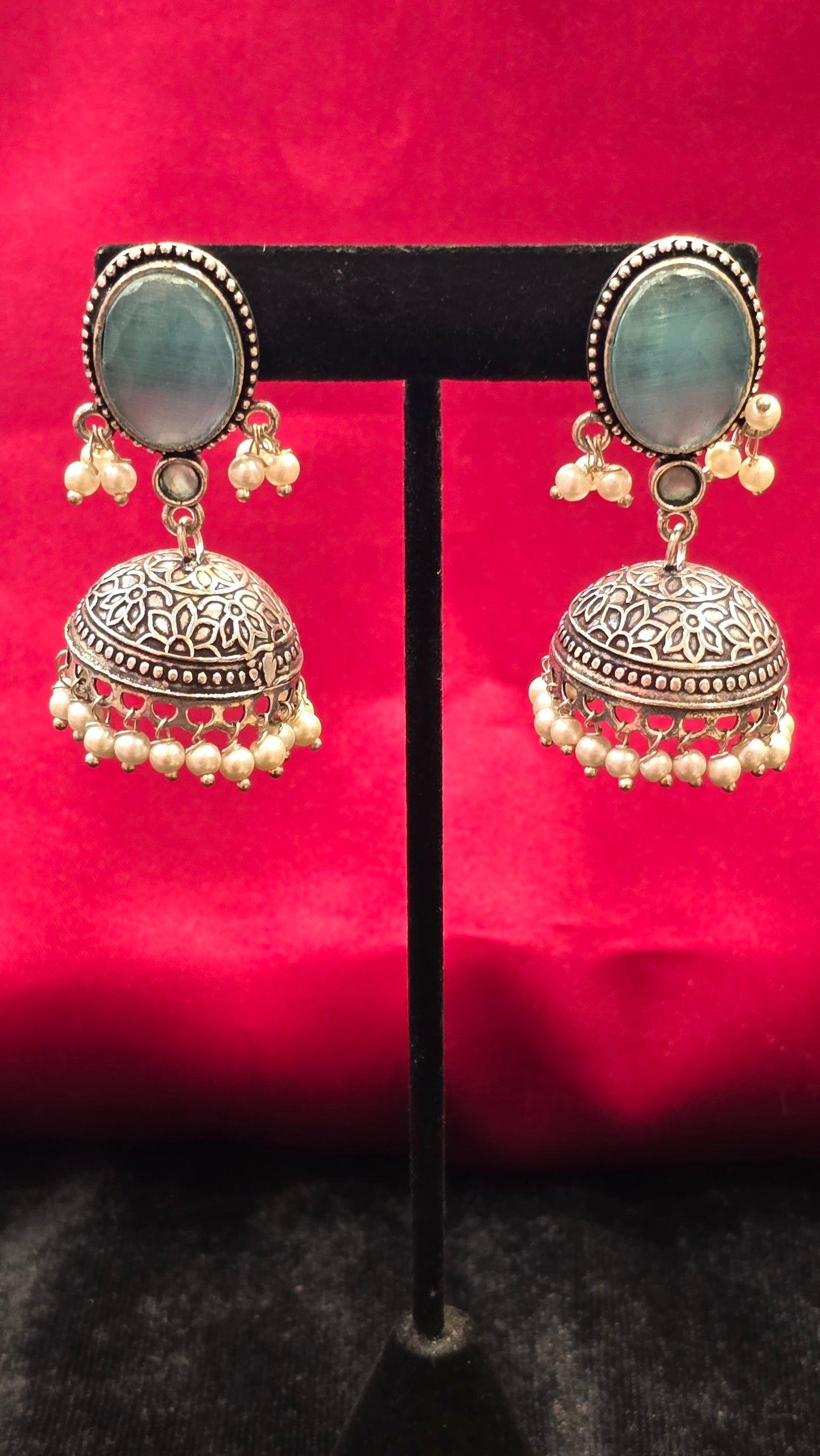 Pretty Light Blue Color And White Beads Jhumkas For Women