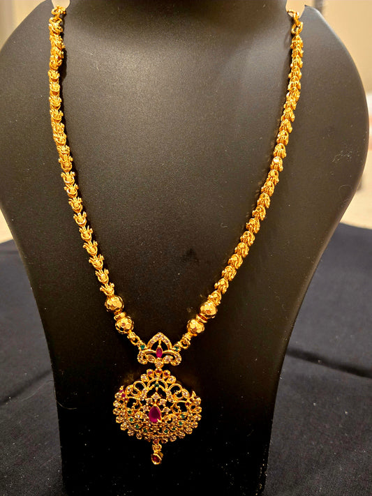 Dazzling Gold Plated Necklace with Ruby Pink Stone For Women