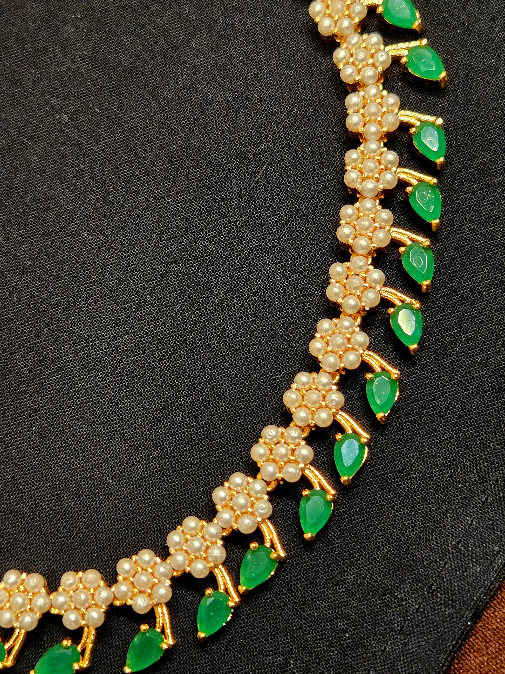 Emerald Stone Leaf Shaped Gold Plated Necklace Set With Pearls Near Me