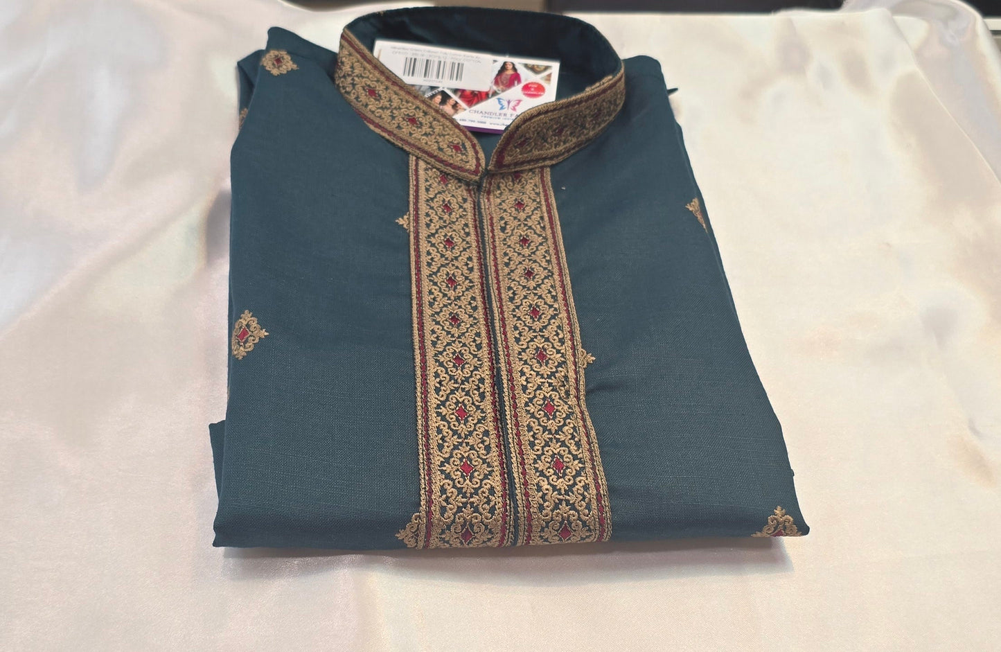 Attractive Green Colored Poly Cotton Kurta And Pajama With Embroidery Work For Kids