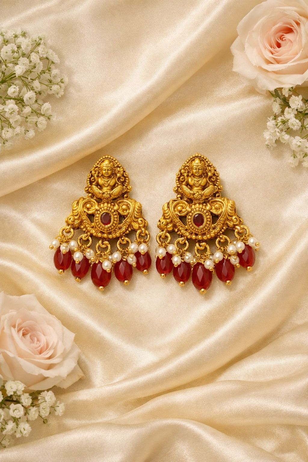 Traditional Green And Red Stones Antique Gold Plated Necklace With Earrings For Women
