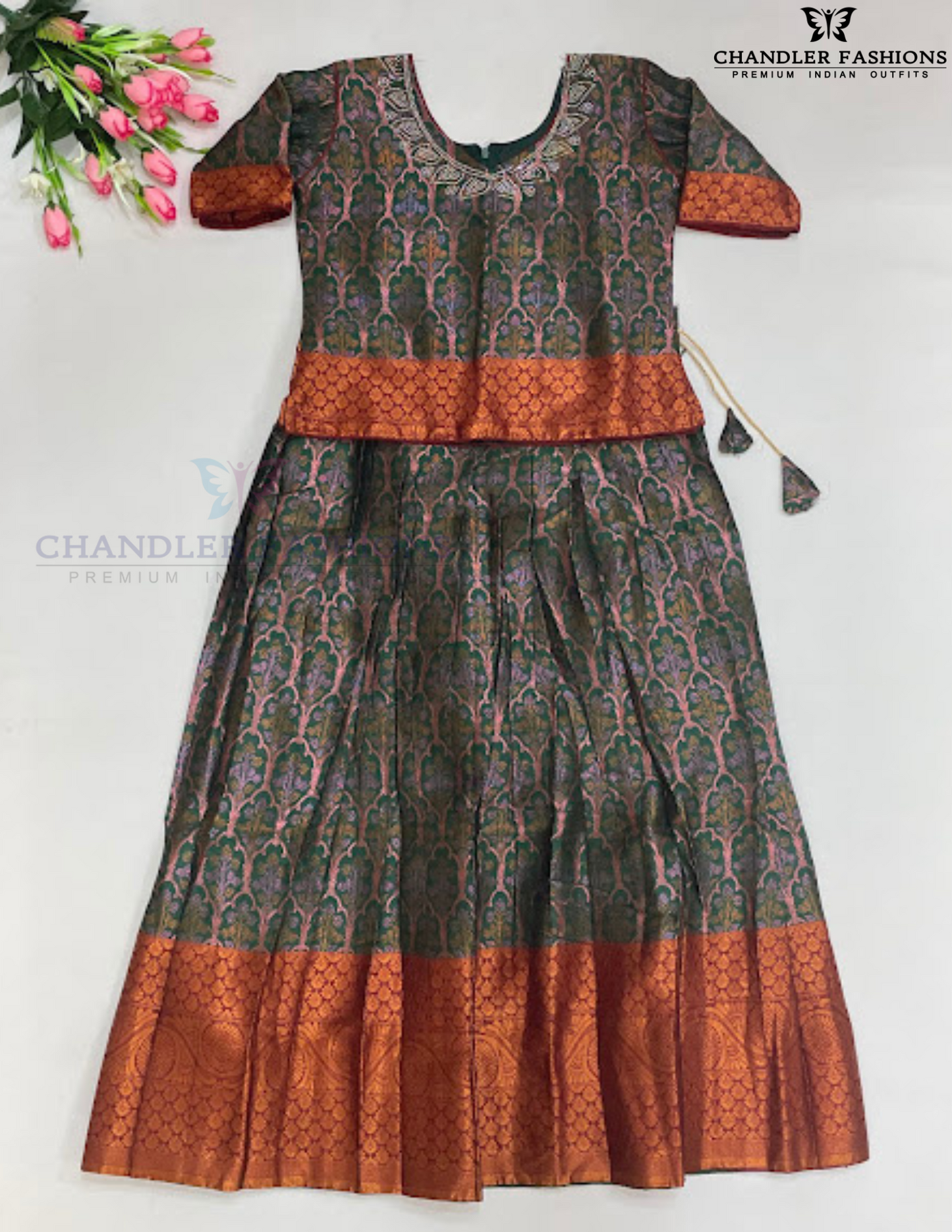 Alluring Dark Green Colored Silk Choli Sets With Stone Work For Girls