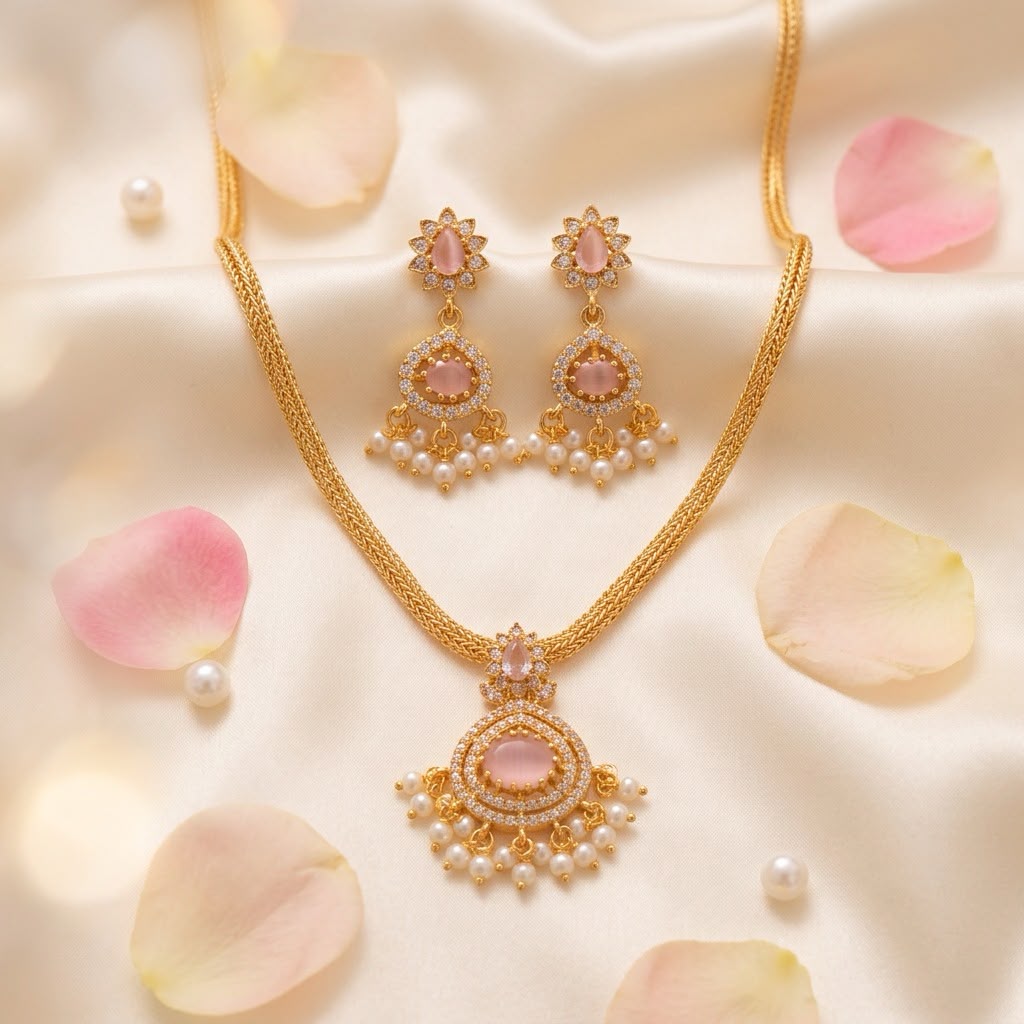 Alluring Gold Plated Pink Stones Necklace Set With Pearl Hangings