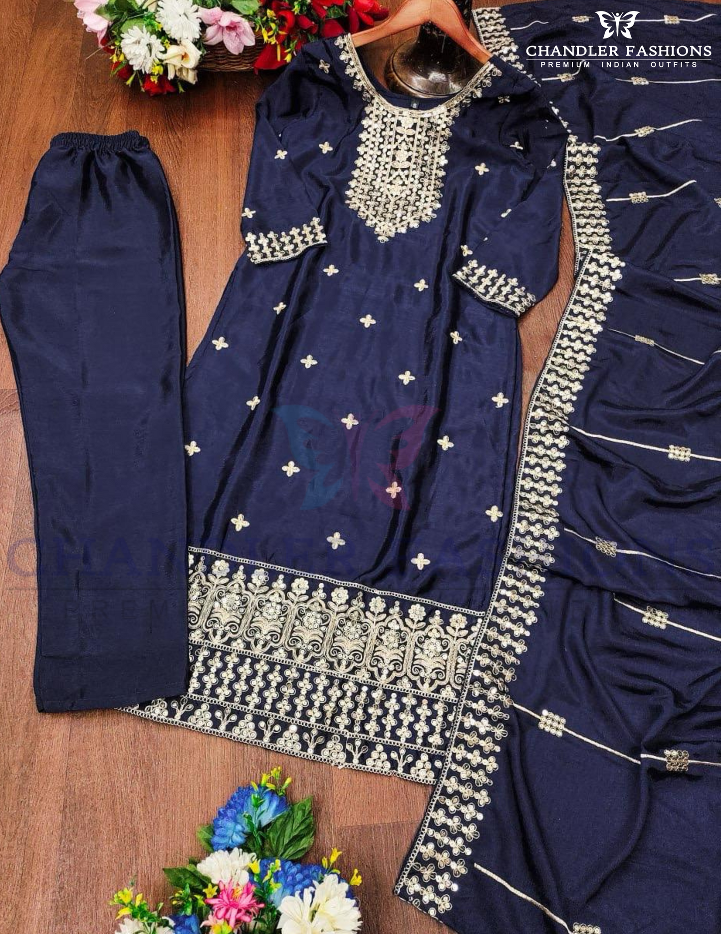 Dark Blue Color Sequins Embroidery Work Dupatta In Suncity
