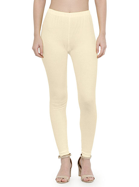 Off White Colored Solid Cotton Leggings In USA
