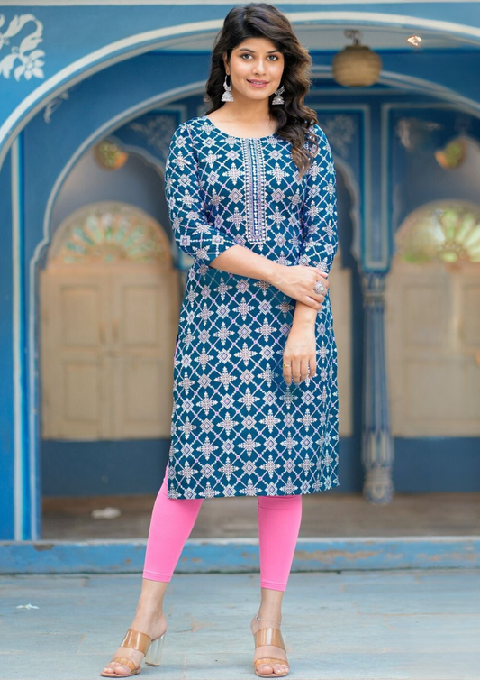 Graceful Blue Colored Box Design Rayon Gold Print Kurti With Fancy Embroidery Work