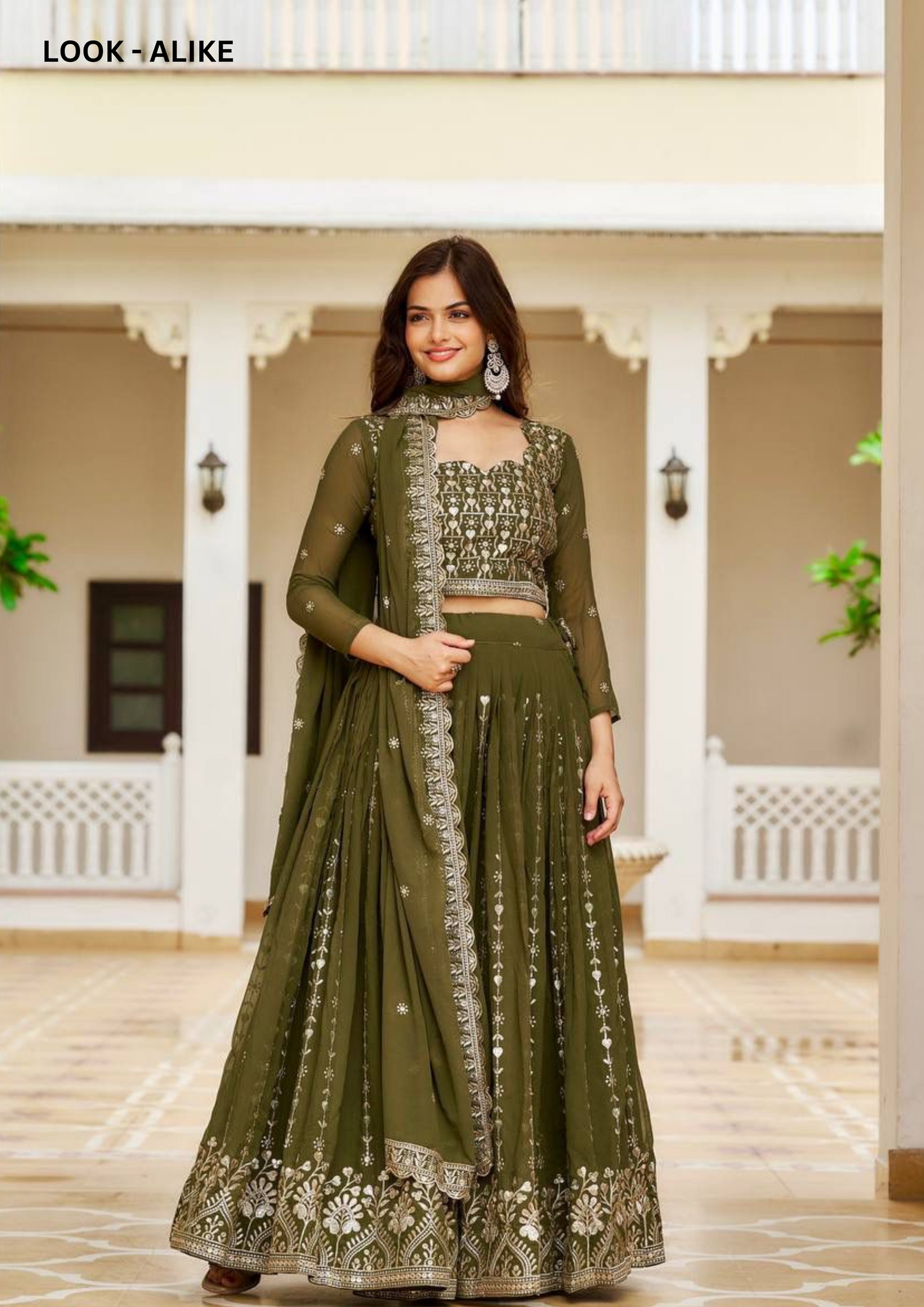 Elegant Olive Green Color Georgette Embroidery Sequins Work Lehenga Choli