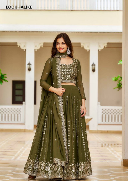 Elegant Olive Green Color Georgette Embroidery Sequins Work Lehenga Choli