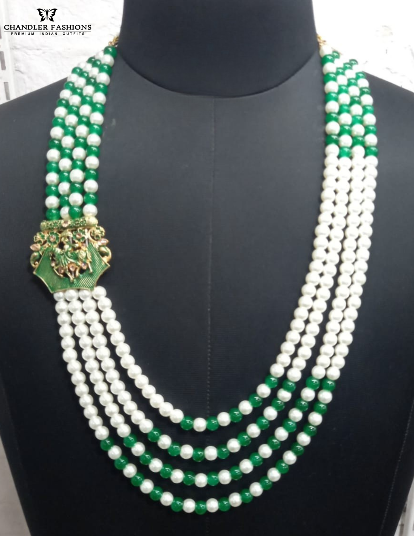 Wonderful Green And White Color Gold Plated With Designer Pearl Beaded Mala