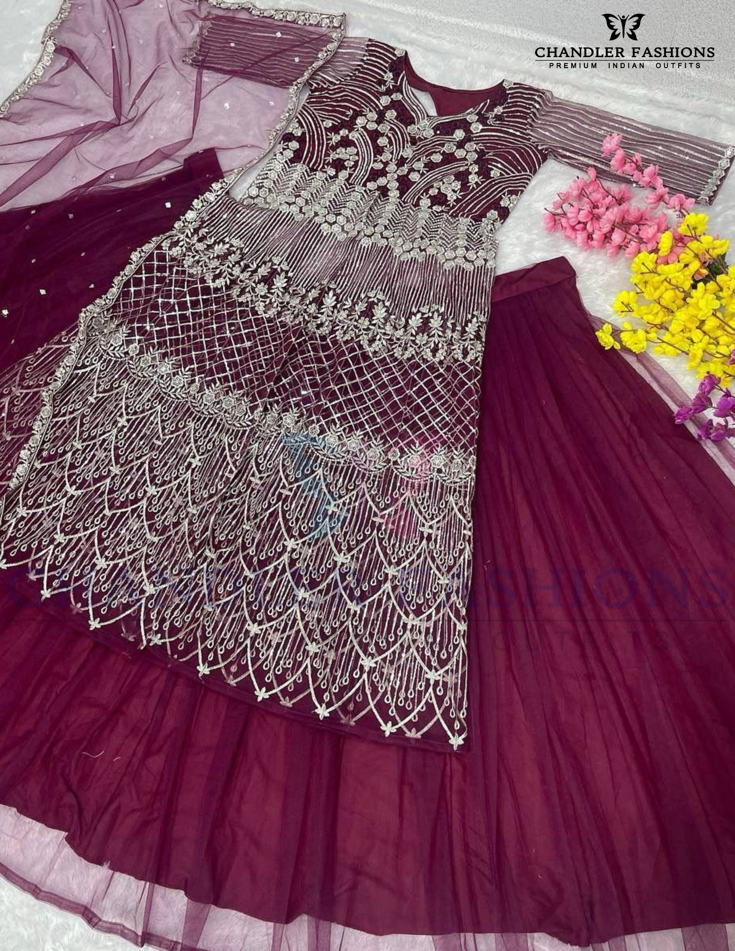 Wine Color Heavy Soft Net With Embroidery Lehenga Choli In Mesa