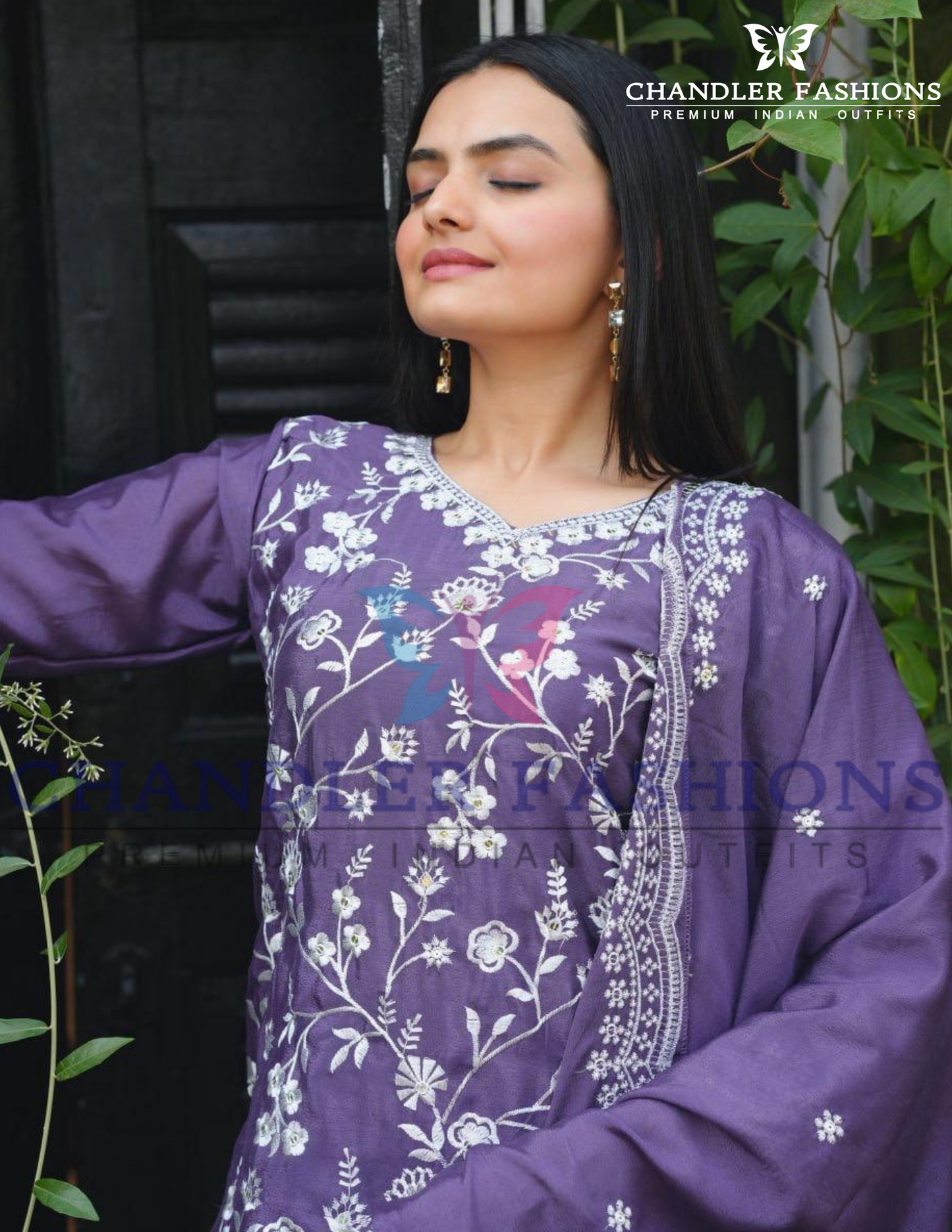 Charming Violet Chinon Embroidery Palazzo Suits In Mesa