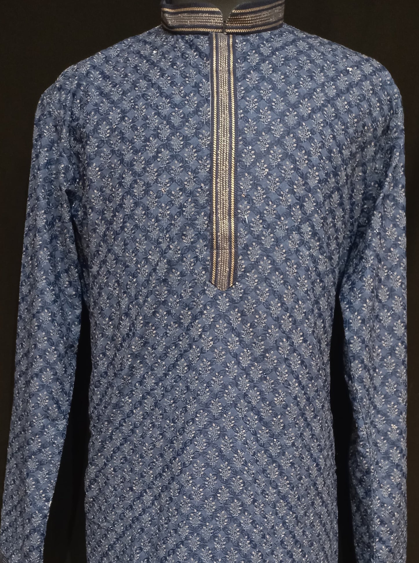 Alluring Navy Blue Color Rayon Schiffli Printed Men's Kurta And Pajama Pant Near Me