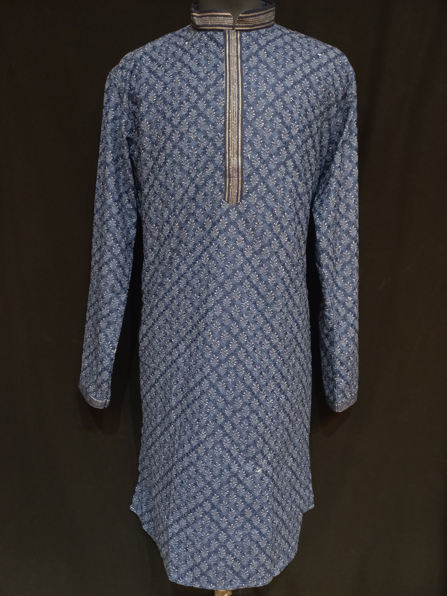 Alluring Navy Blue Color Rayon Schiffli Printed Men's Kurta And Pajama Pant