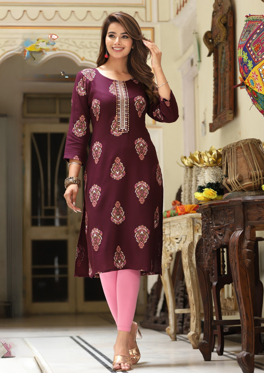 Attractive Purple Color Rayon Gold printed Kurti With Fancy Embroidery Work