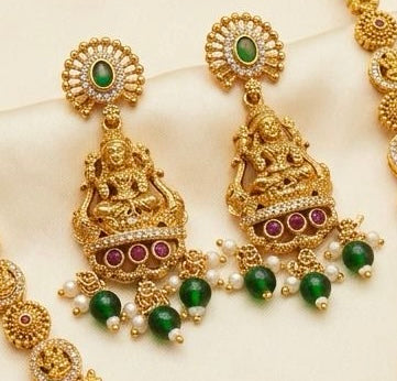 Traditional Green And Red Stones Gold Plated Lakshmi Haram With Earrings Set