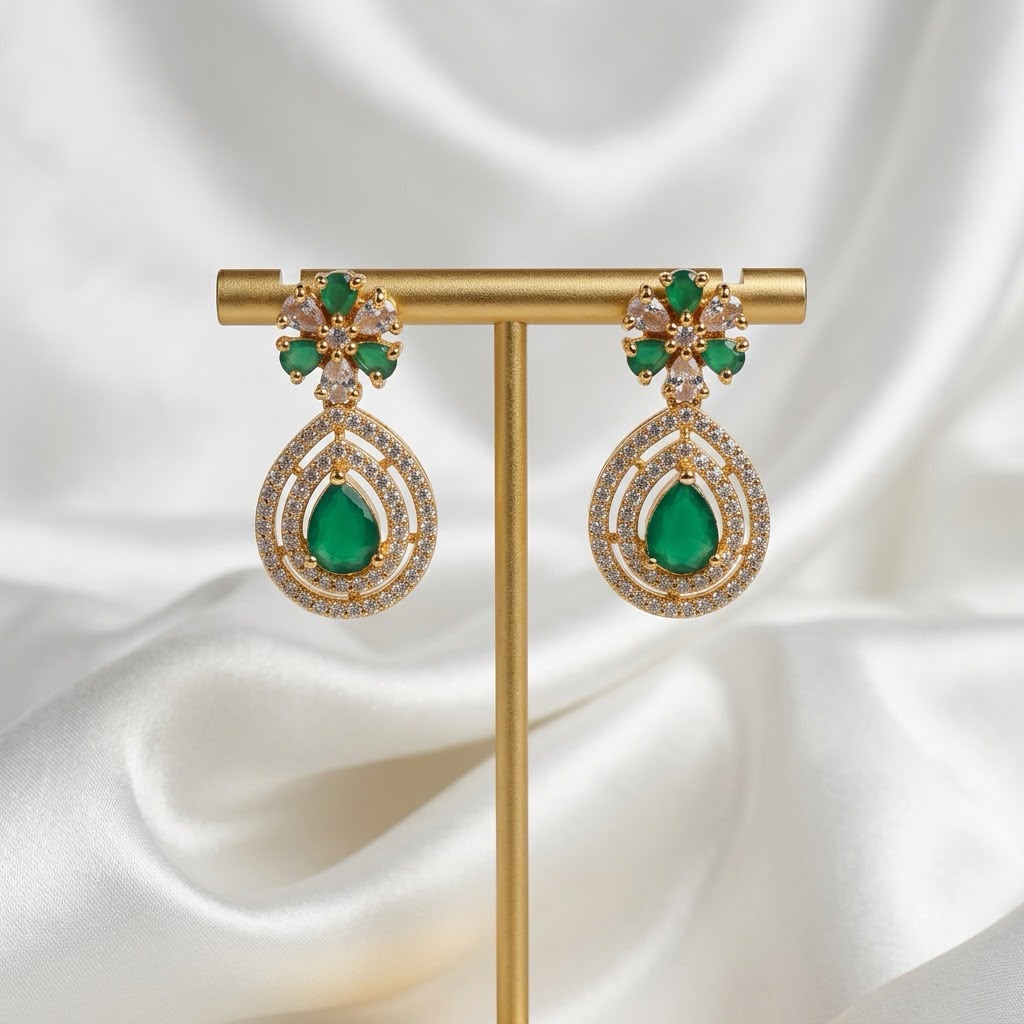 Dazzling Emerald American Diamonds Gold Plated Earrings For Women