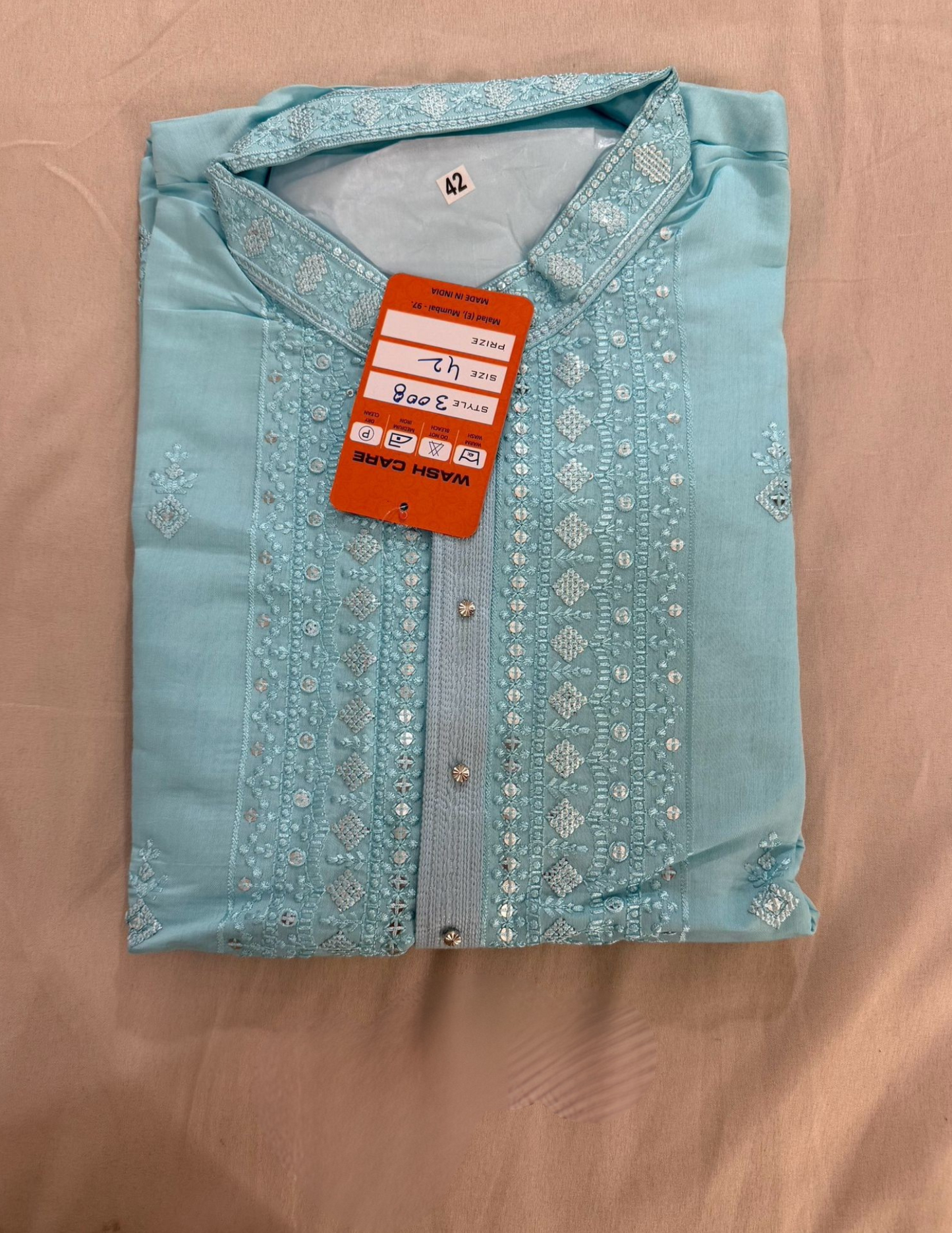 Attractive Sky Blue Color With Cotton Embroidery Work Kurta Suits For Men