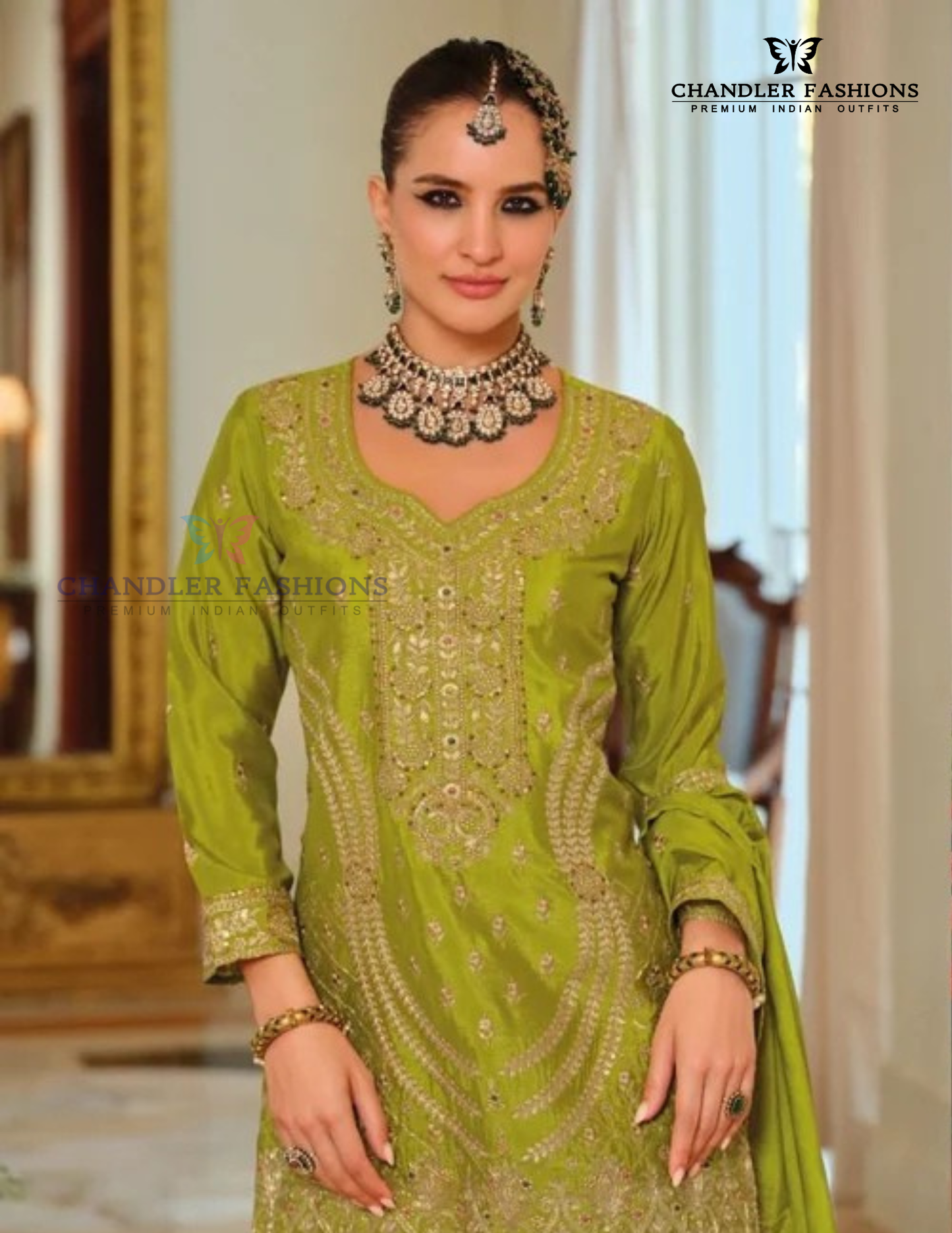 Green Color Chinon With Embroidery Work Palazzo Suit With Dupatta Near Me