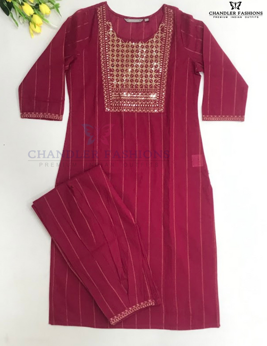 Beautiful Maroon Color Cotton With Embroidery And Sequins Work Kurti Suits For Women