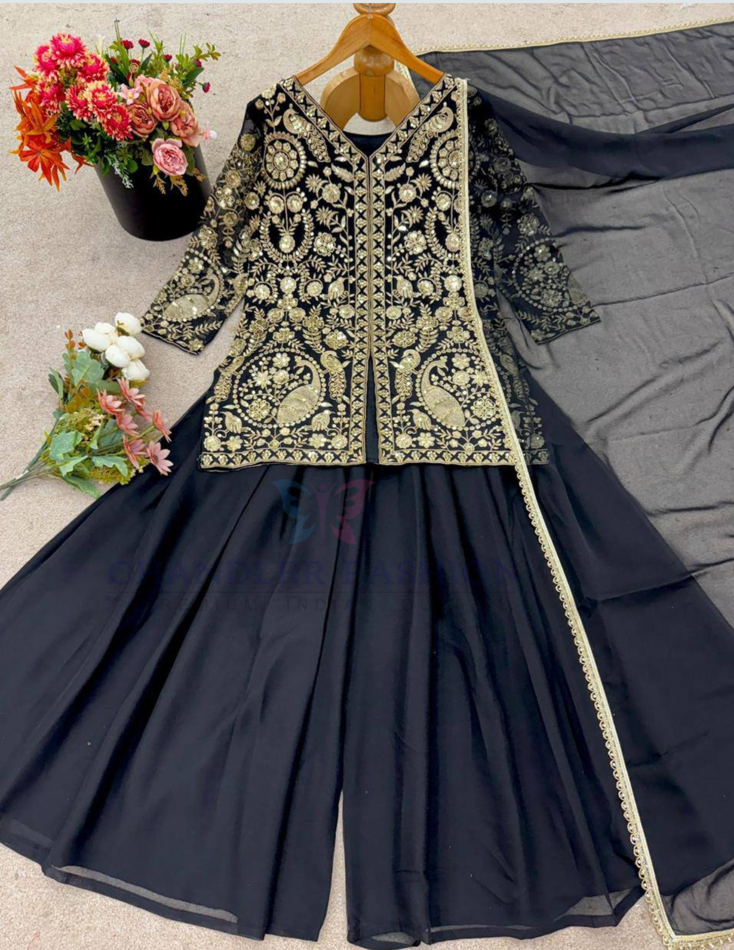 Black Color Georgette Sequins Work Palazzo Suits In Chandler