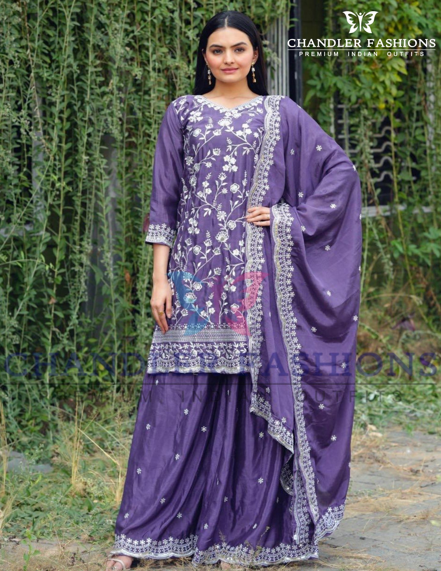 Charming Violet Color Chinon Embroidery And Sequins Work With Palazzo Suits