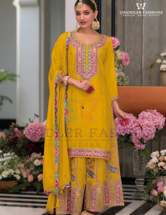 Attractive Yellow Color Embroidery Work  Chinon Palazzo Suits With Dupatta For Women