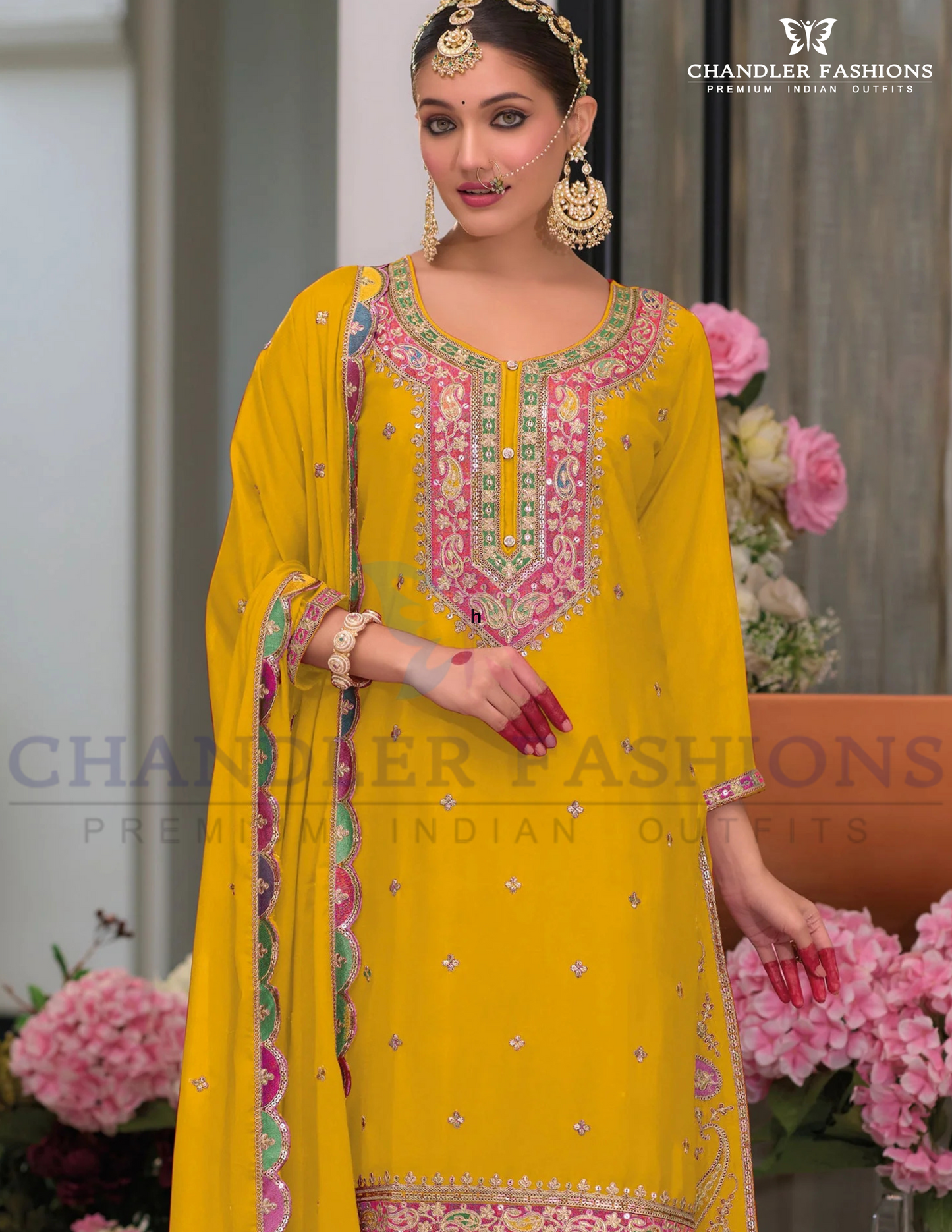 Attractive Yellow Color Embroidery Work Chinon Palazzo Suits With Dupatta Near Me