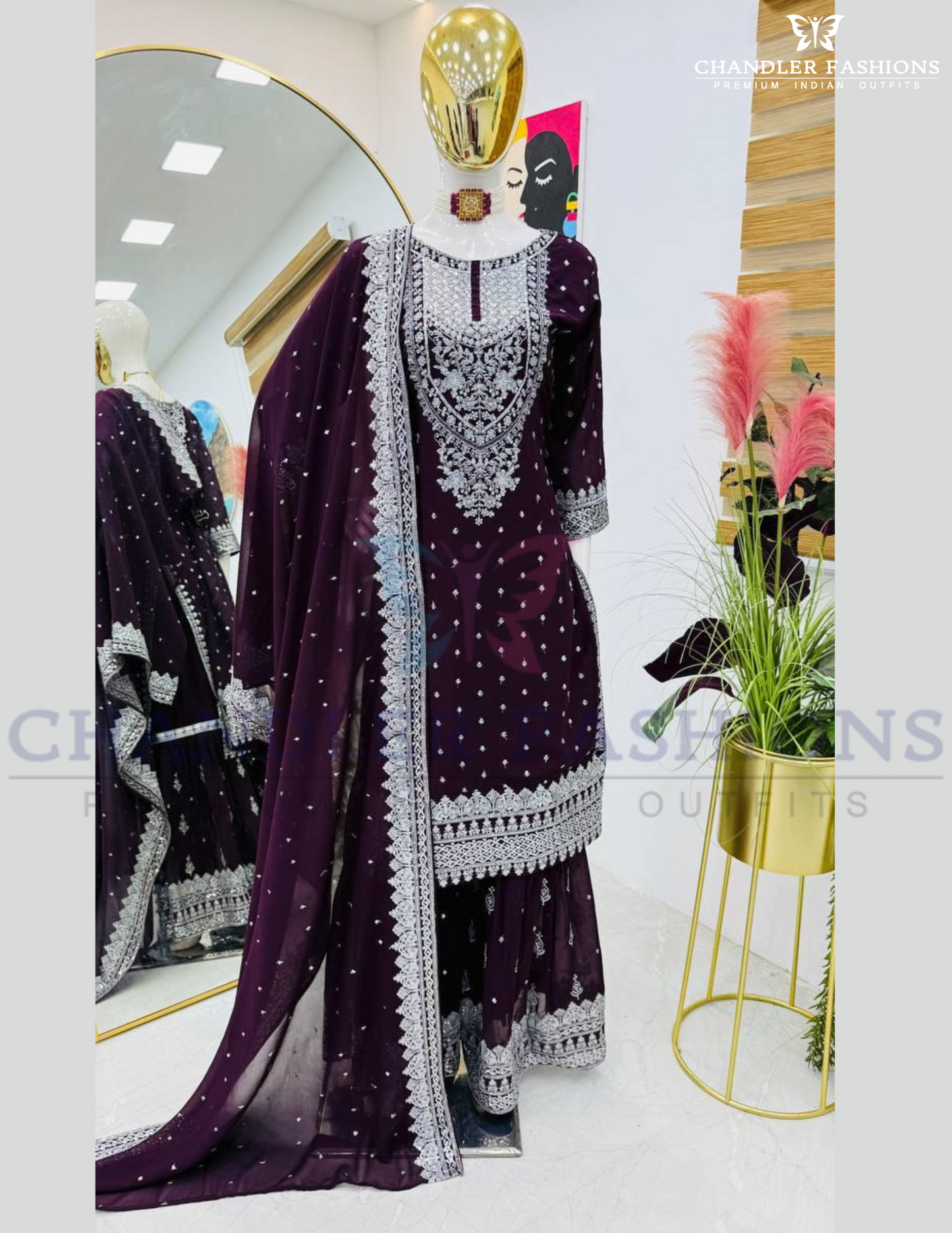 Alluring Wine Color Faux Georgette Heavy Embroidery And Sequins Work With Sharara Suits With Dupatta