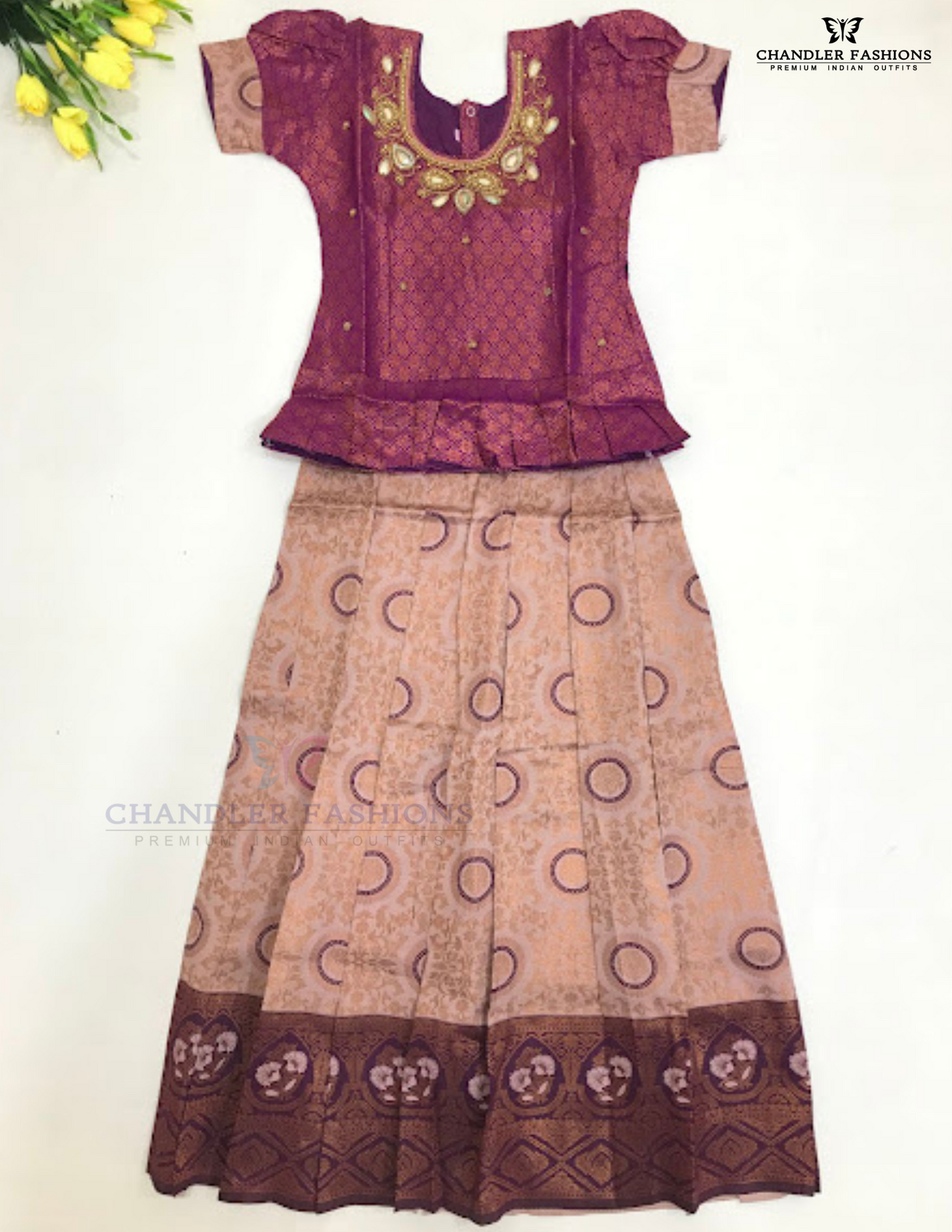 Beautiful Purple And Beige Color Art Silk Langa Sets For Girls