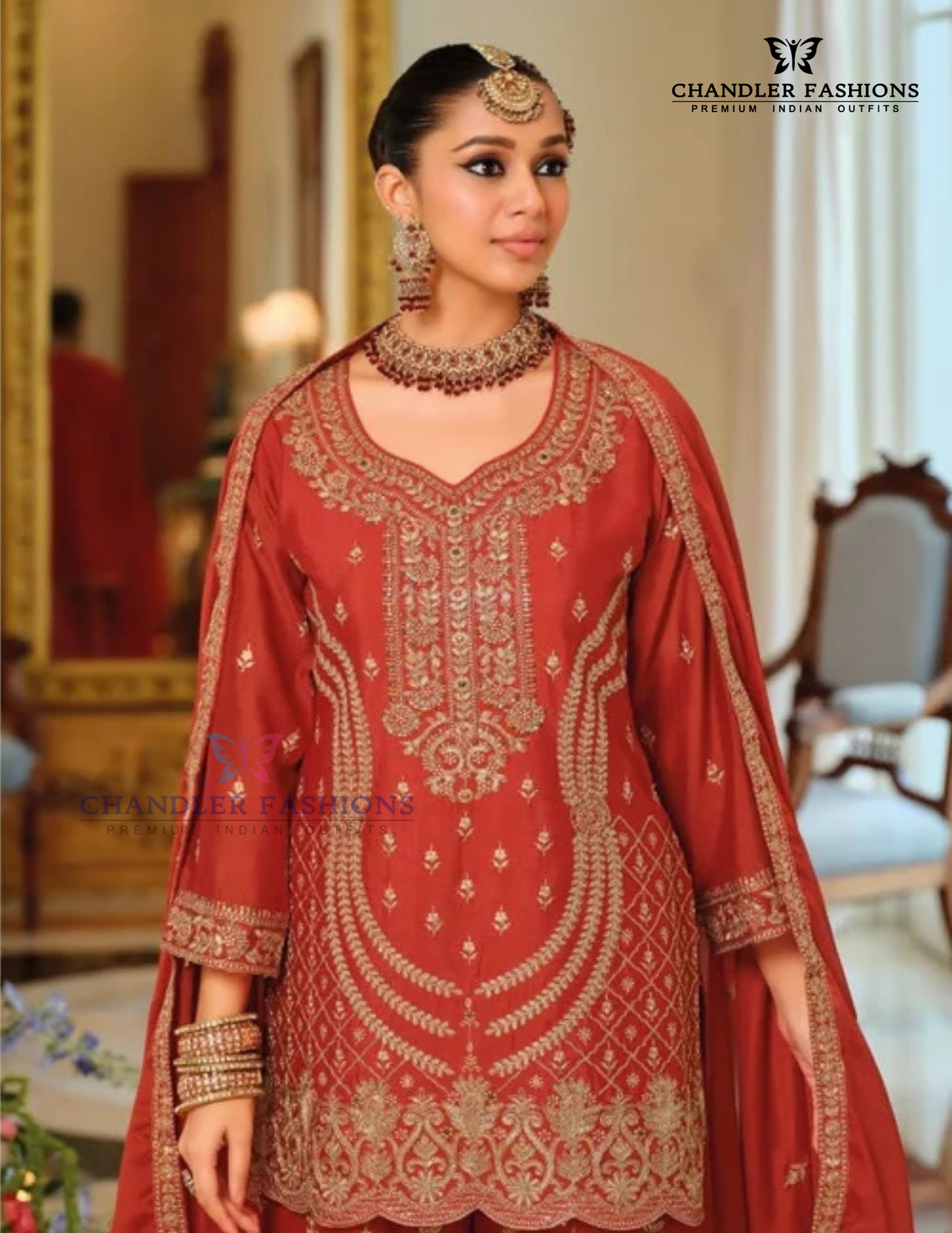Red Color Chinon With Embroidery Work Palazzo Suit With Dupatta Near Me