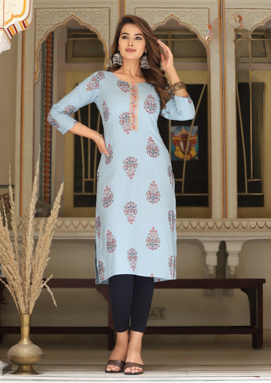 Appealing Blue Color Rayon Gold print With Embroidery Work Kurti For Women