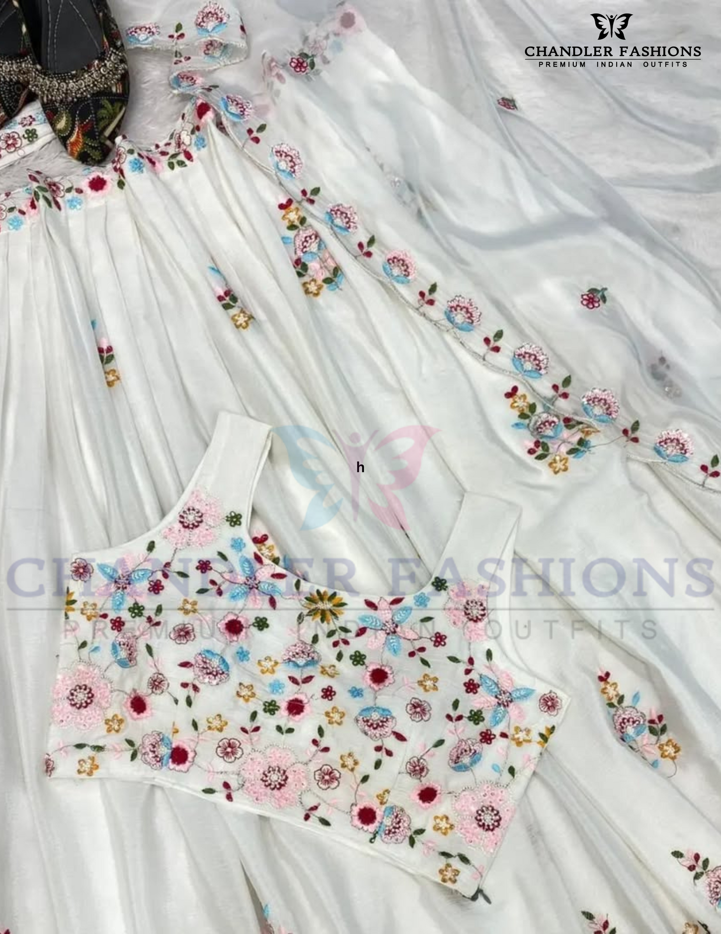 Beautiful White Color Chinon Lehenga Choli With Multicolor Thread Embroidery Work In USA