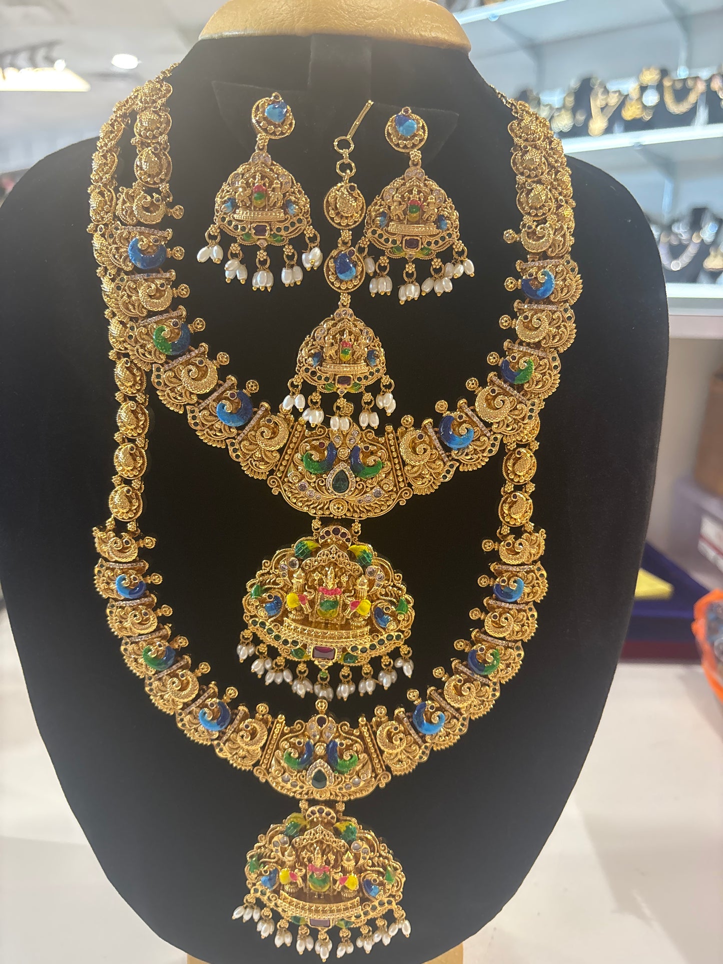 Traditional Antique Gold Lakshmi Temple Necklace with Peacock Motifs & Pearl Dangling Pendant Bridal Set For Women
