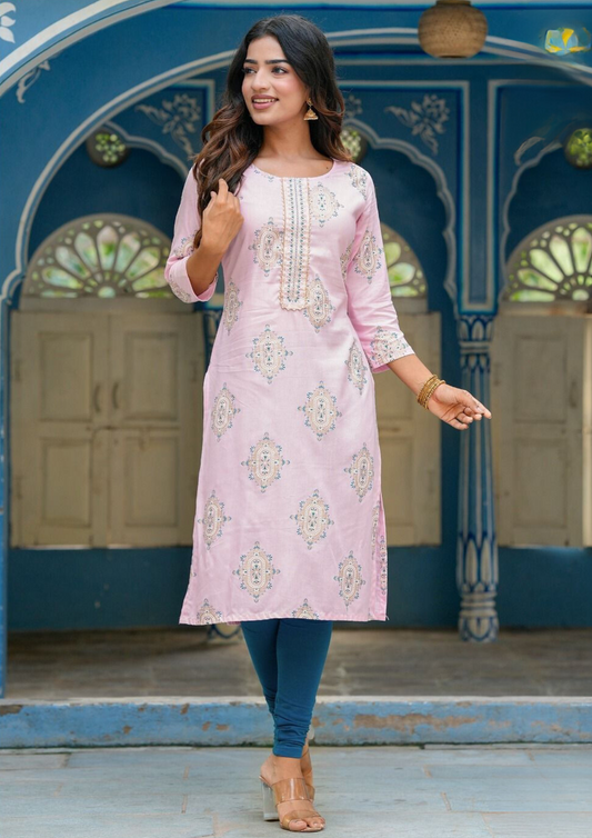 Beautiful Light Pink Colored Fancy Embroidery Work With Rayon Kurti