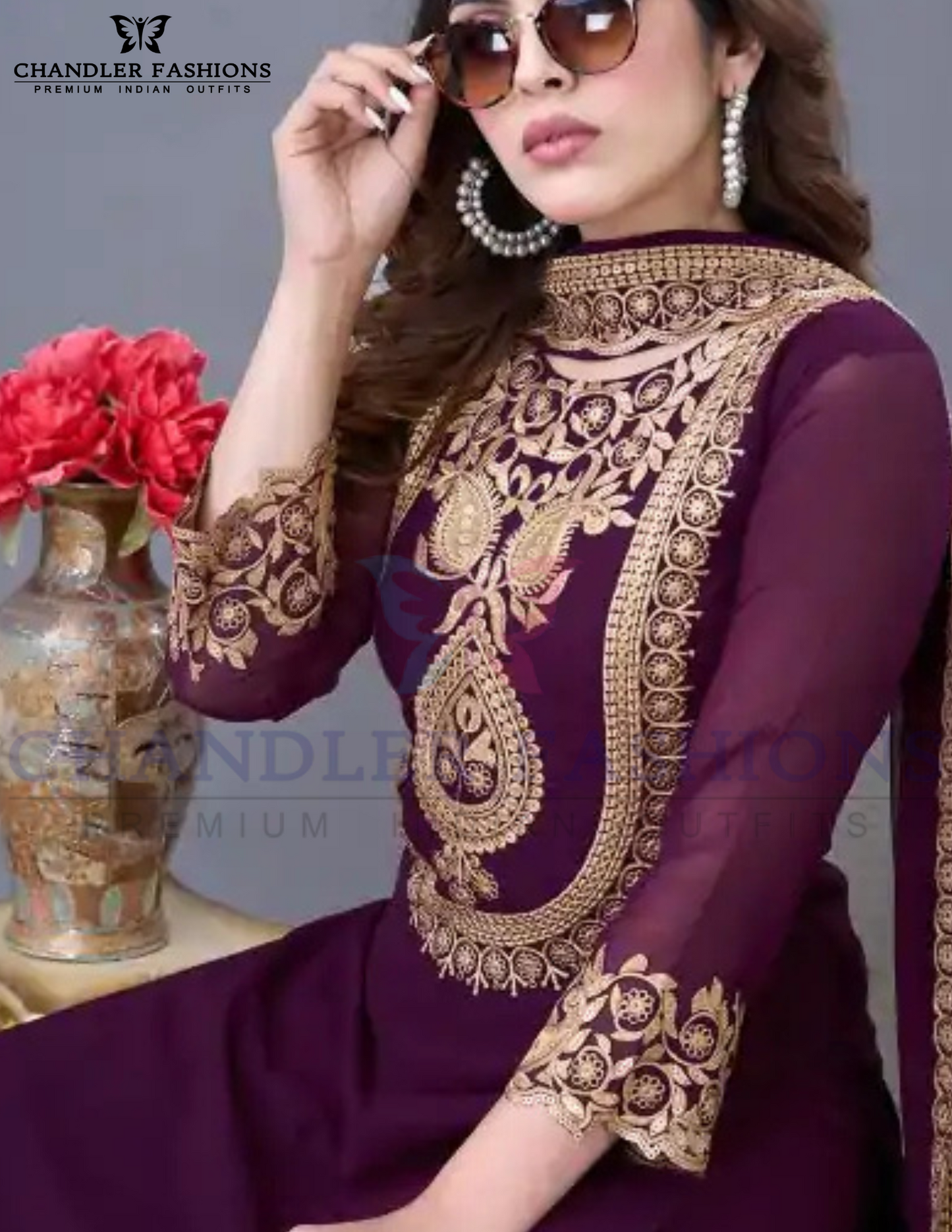 Georgette Sharara Suit With Heavy Embroidery Sequins Thread Work In Temp