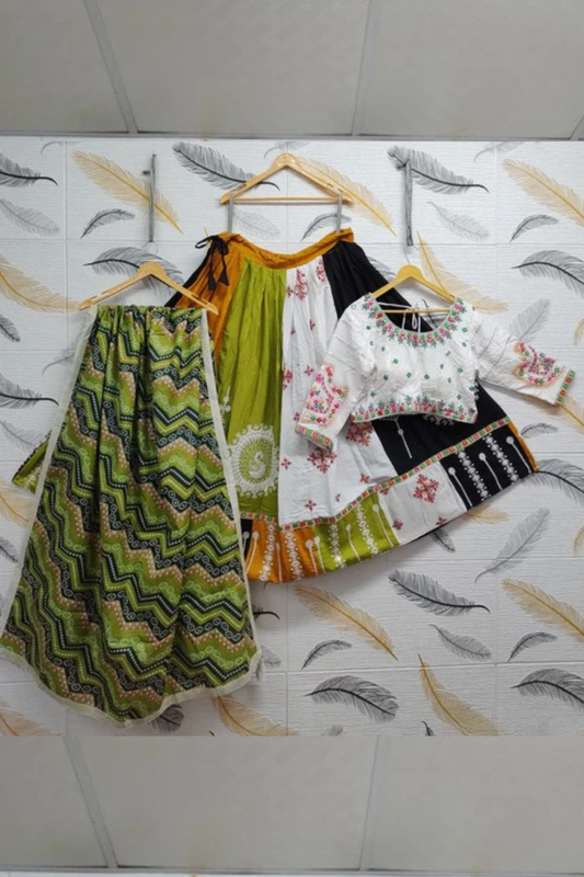 Dazzling White & Green Colored Chaniya Choli Lehenga With Dupatta Sets