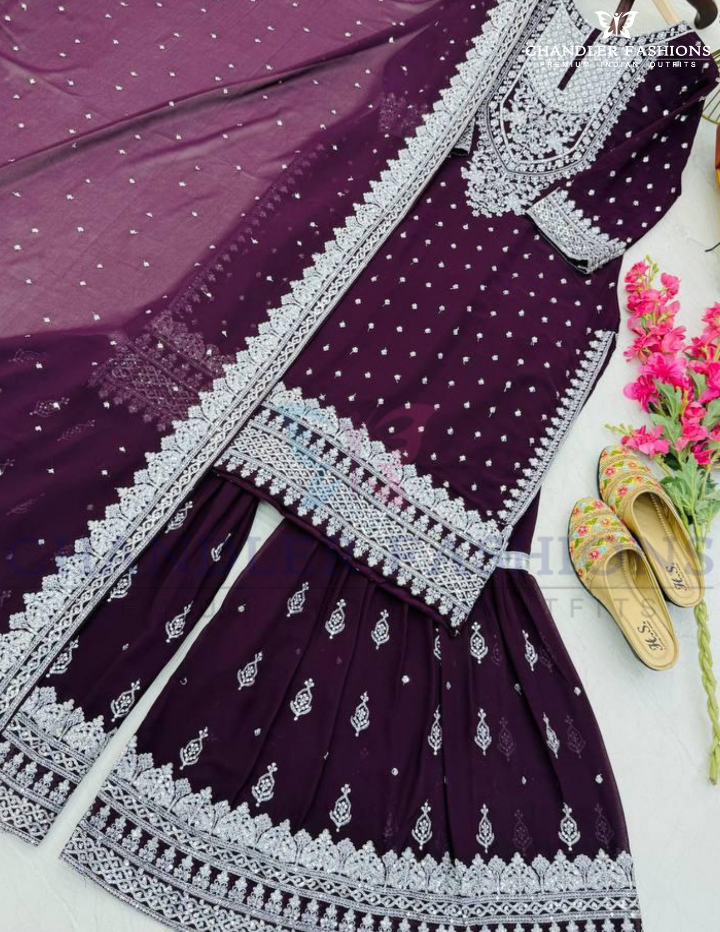 Alluring Wine Color Faux Georgette Heavy Embroidery And Sequins Work In USA