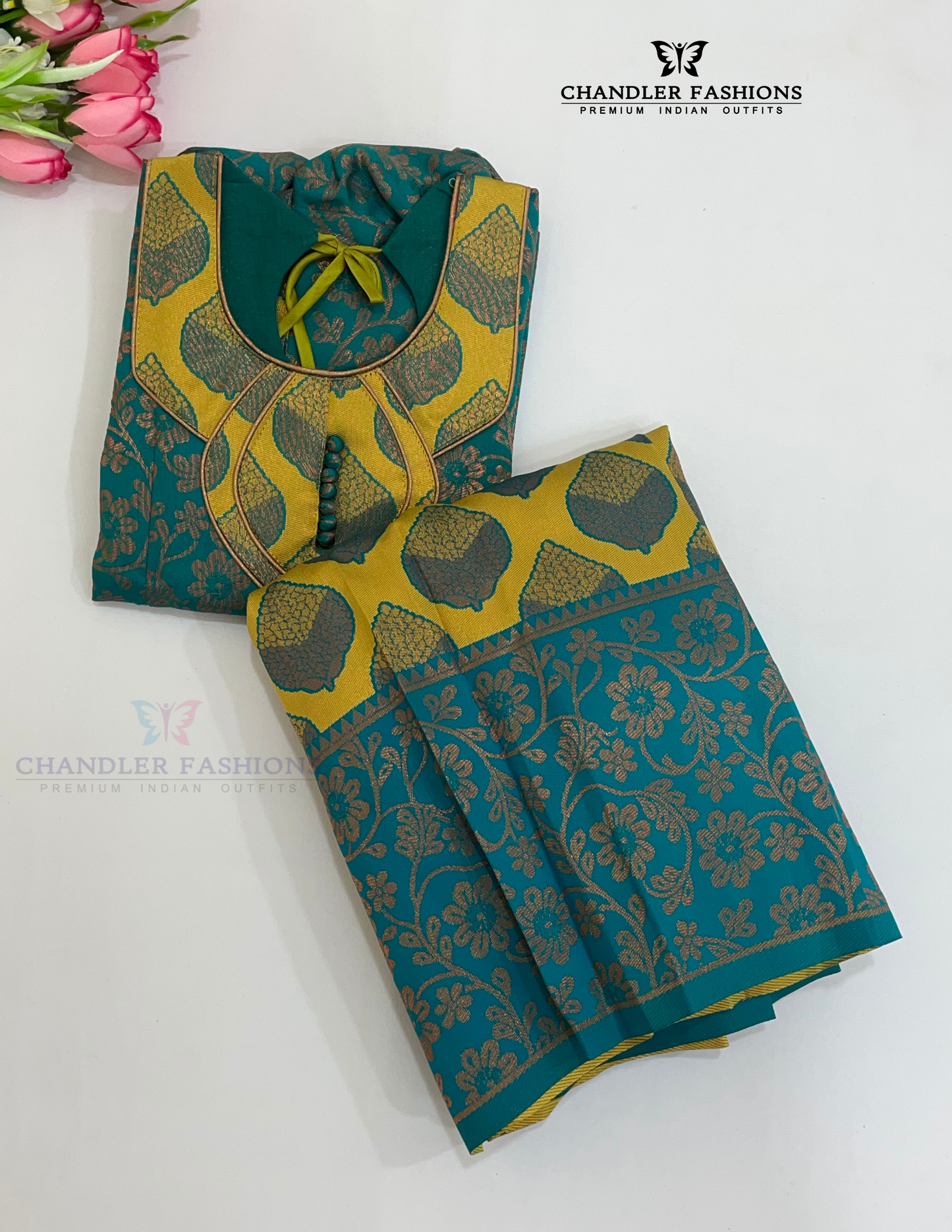 Charming Rama Green And Yellow Color Silk Langa Set With Zari Work In Tempe