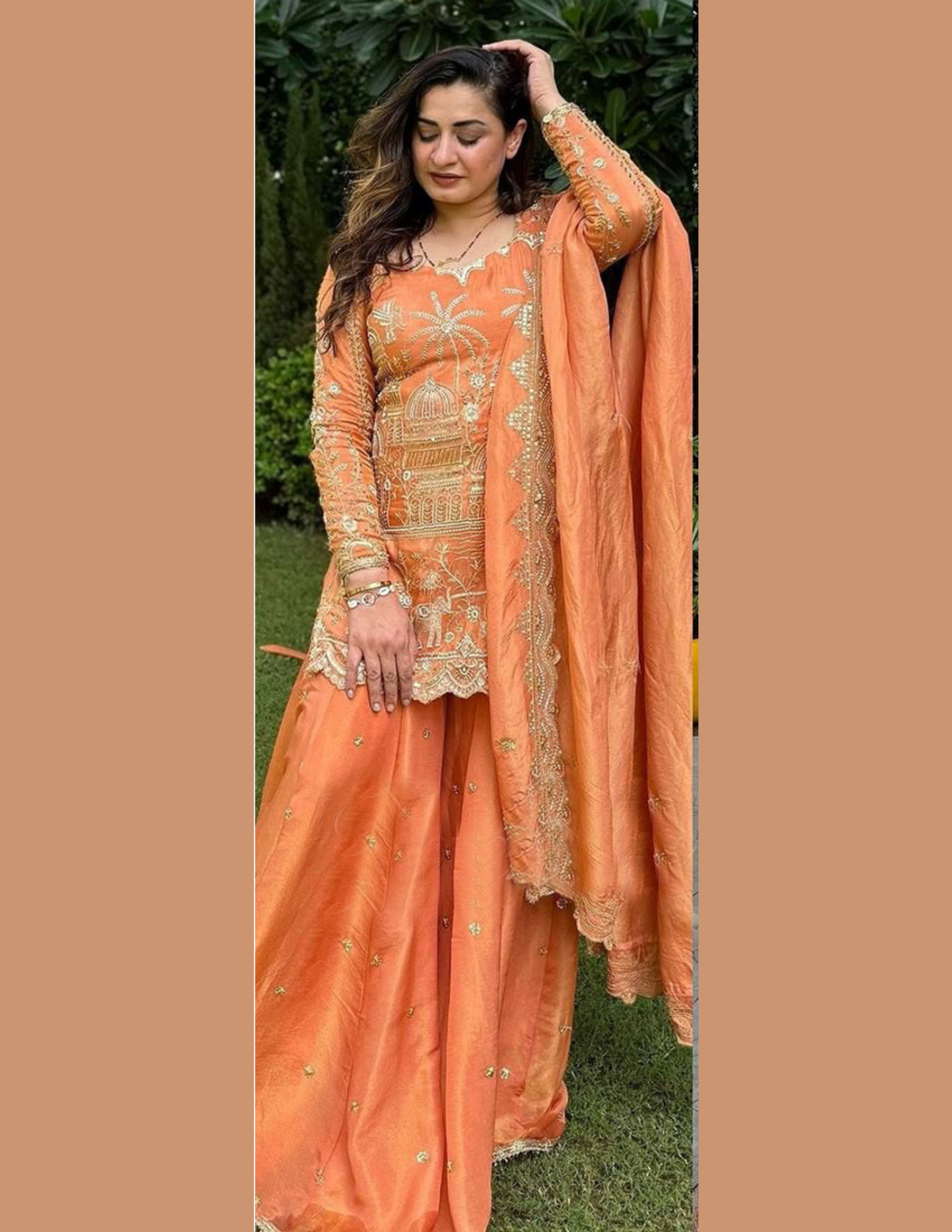 Elegant Orange Color Chinon Silk Indo Western Sharara Suits Dupatta Set Near Me