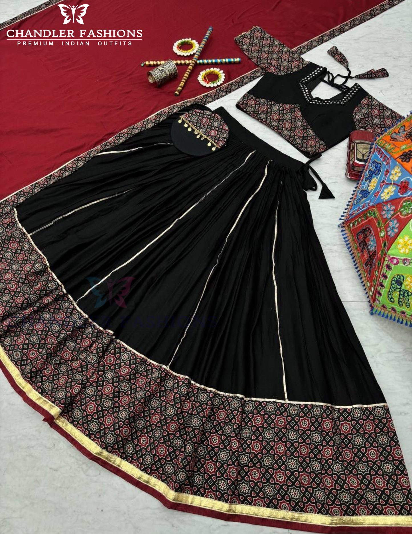 Black Cotton Garba Lehenga Choli In Surprise