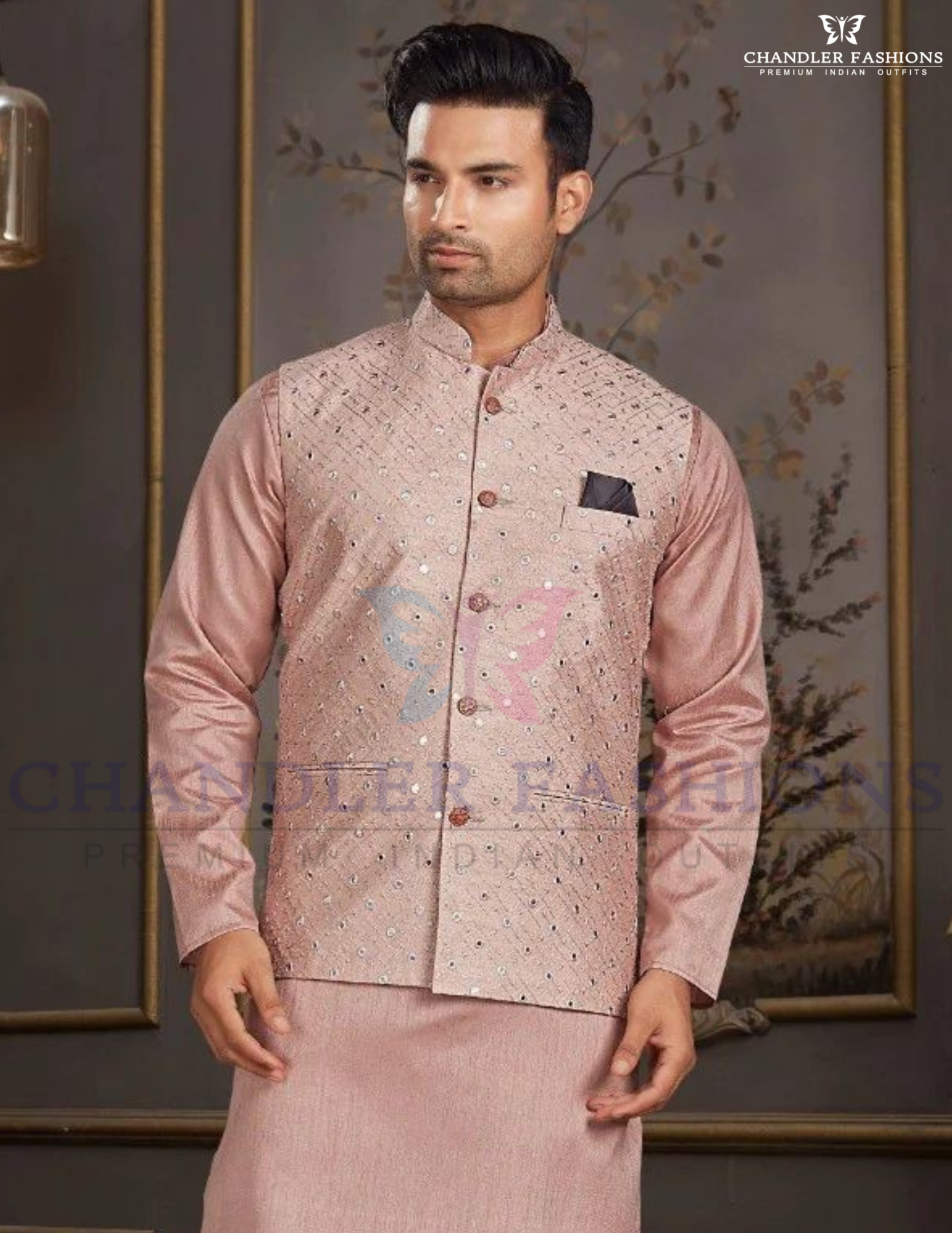 Pretty Peach Color Silk Mastani Kurta Mirror Work Jacket Set For Men Near Me