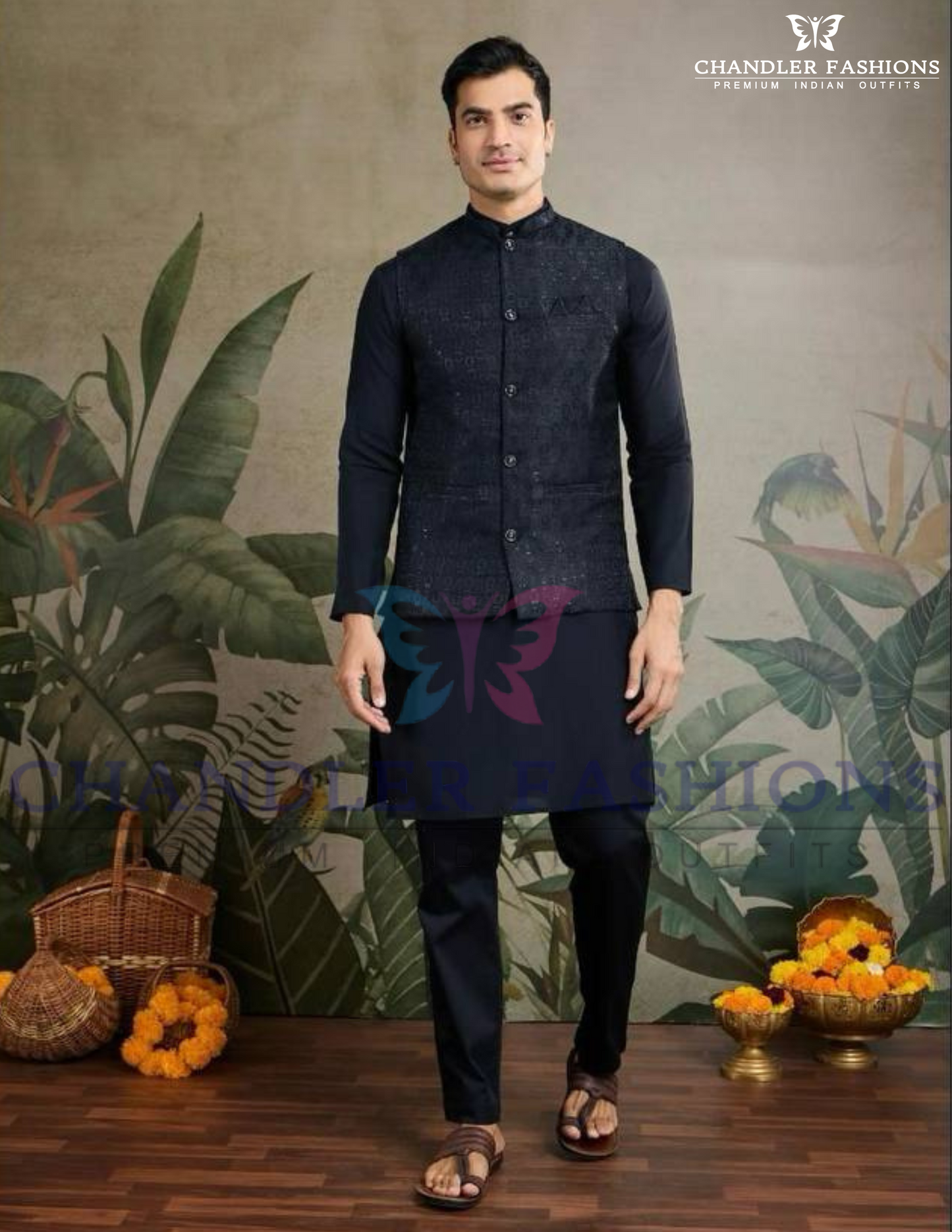 Attractive Black Color Viscose Silk Kurta Embroidery And Sequins Work With Pajama And Jacket Set For Men